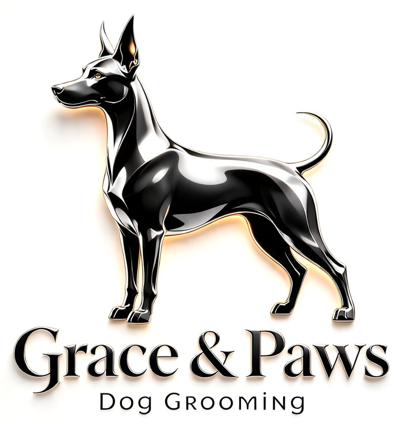 Grace & Paws Dog Grooming logo: a glossy black dog standing in profile above the name